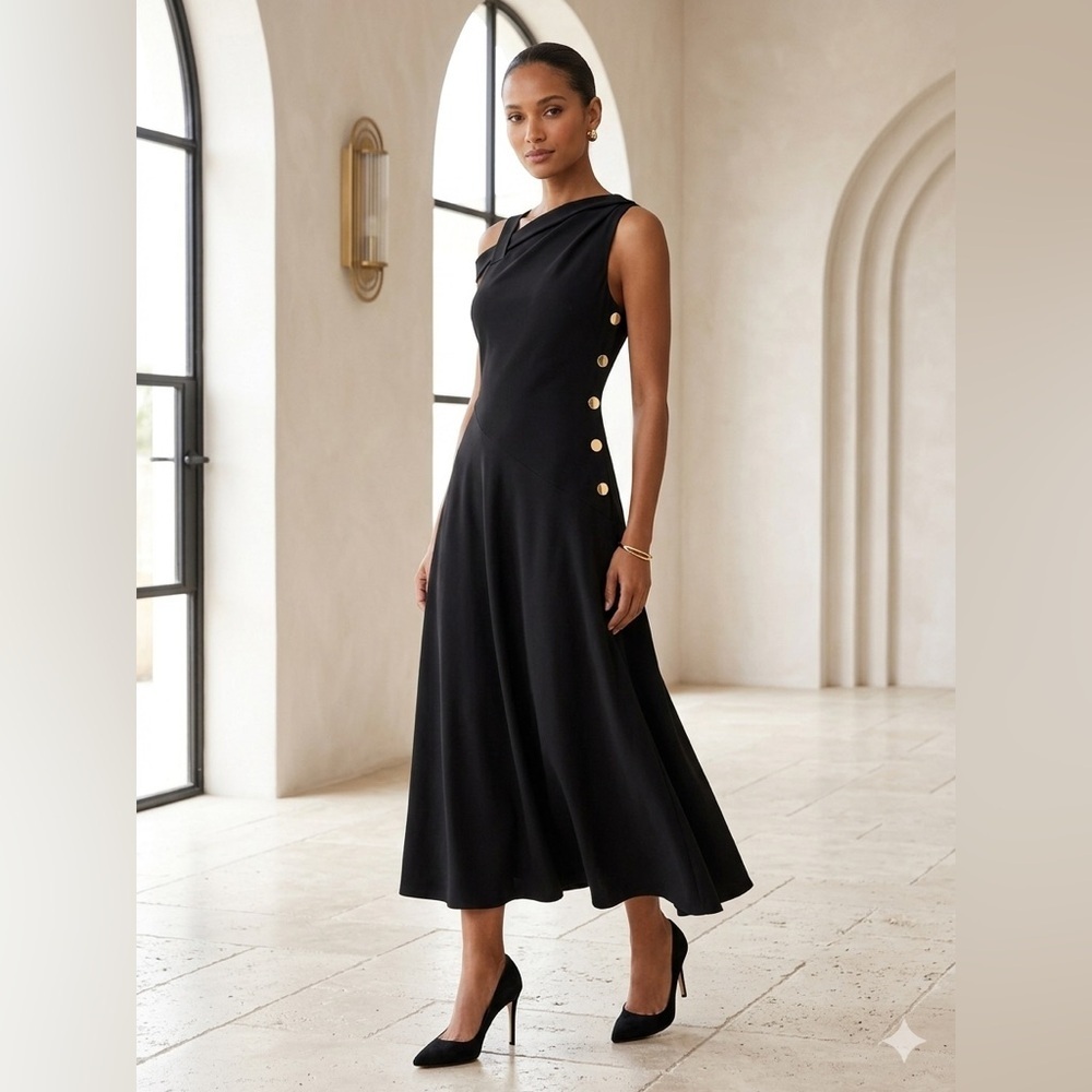 DEREK LAM Elegant Black Midi Dress with Gold Button Detail